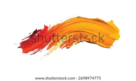 Thick textured red orange yellow paint brush stroke smear on white background with visible bristle marks and layered color