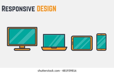 Thick and thin lines icons of digital devices with screen for responsive web design internet pages.