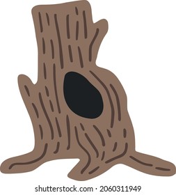 Thick tree trunk hollow. Forest Icon. Brown rough bark with grooves. Organic color flat illustration for kids books backgrounds. Wildlife cartoons clip art. Themes of nature, ecology, national park.