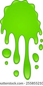 Thick, vibrant green goo drips and oozes, forming playful blobs that slide down, creating a fun and slightly messy scene full of whimsical charm and colorful chaos