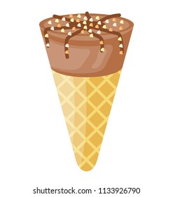 
A thick wafer cone with double coated chocolate and nuts toppings, heavy thick waffle cone 
