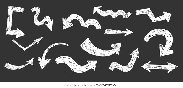 Thick white arrow crayon or chalk drawing sketch grunge textured on blackboard set. Different directions simple curve shape. Pencil, marker, pastel scribble