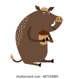 Thick wild boar sitting and holding  acorn
