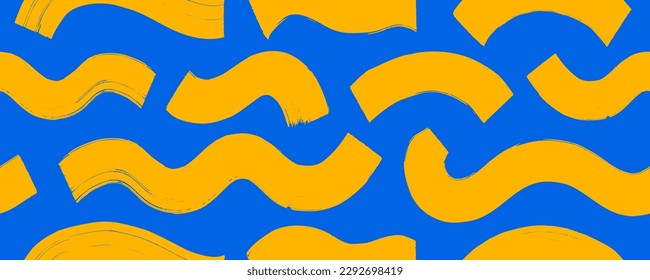 Espesas olas amarillas en fondo azul. Banner horizontal impecable con formas geométricas de negrita. Cepillarse líneas de negrita curvadas dibujadas. Los trazos ondulados brillan en colores sin inconvenientes. Pancarta geométrica abstracta.