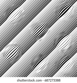 THICKEN SLANT LINES WITH BLOAT ROUND. SEAMLESS VECTOR PATTERN. GEOMETRIC MONOCHROME TEXTURE