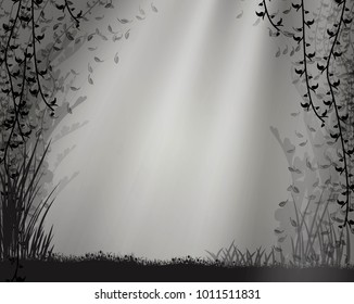  thicket  deep fairy forest silhouette with rays of sun, jungle shadows