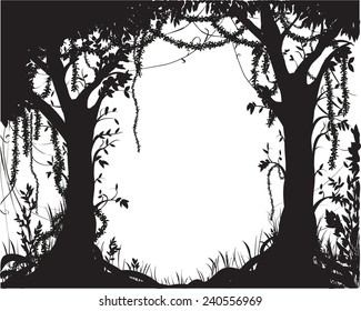 thicket, deep fairy forest silhouette, jungle shadows
