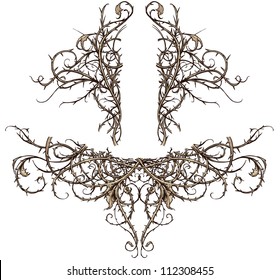 Thicket Design Accents Vector set of two highly detailed thorny thicket design elements. These scroll ornaments are perfect for accents in backgrounds, crests, banners, etc.