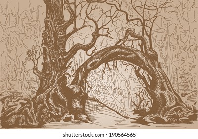 Thicket. Felled trees. Stylized drawing on kraft paper.