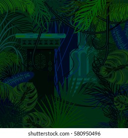 Thicket foliage jungle nature background. Dark night green and blue palm leaves, tree branches and mayan columns vector.