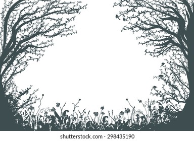 thicket, two big fair trees,deep fairy forest silhouette, shadows