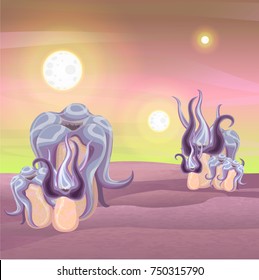 Thickets of alien plants or fungi with long tentacles on the planet with purple ground against the background of the cosmos. Space landscape