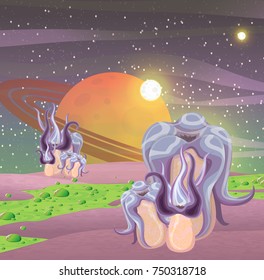Thickets of alien violet plants or mushrooms with long tentacles on the shore of a green bubbling flow of liquid or acid. Vector cosmic landscape of another planet