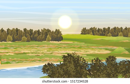 Thickets of bushes and trees on the banks of the river. Autumn forest on background of blue sky with the sun. Realistic vector landscape