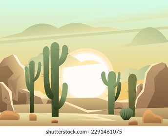 Thickets of cacti. Landscape in desert with sand and stones. Rocks and cliffs. Wildlife. Cartoon fun style. Flat design. Vector