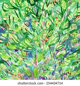 thickets of green leaves, foliage/ pattern/ watercolor background/ vector illustration