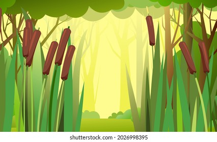 Thickets of reeds in the forest. Swampy wild landscape. Overgrown pond against the background of trees. Illustration vector