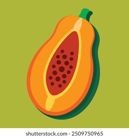 Ilustración de trazos gruesos de una papaya con semillas sobre un fondo verde.