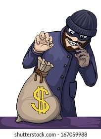 Thief about to steal a bag of money isolated on white, vector illustration