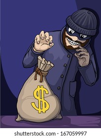 Thief about to steal a bag of money, vector illustration
