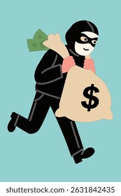 Um ladrão de preto com uma máscara carregando um saco de dinheiro, ilustrado em um estilo de vetor de desenhos animados minimalista limpo.