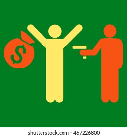 Thief Arrest icon. Vector style is bicolor flat iconic symbol with rounded angles, orange and yellow colors, green background.