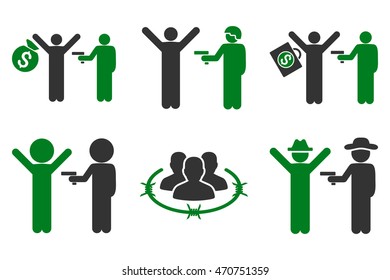 Thief Arrest vector icons. Pictogram style is bicolor green and gray flat icons with rounded angles on a white background.