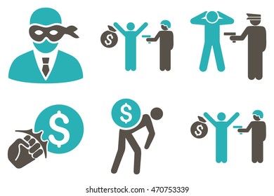 Thief Arrest vector icons. Pictogram style is bicolor grey and cyan flat icons with rounded angles on a white background.