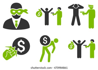 Thief Arrest vector icons. Pictogram style is bicolor eco green and gray flat icons with rounded angles on a white background.