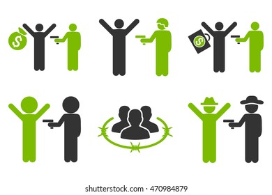 Thief Arrest vector icons. Pictogram style is bicolor eco green and gray flat icons with rounded angles on a white background.