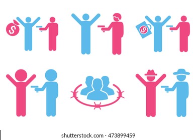Thief Arrest vector icons. Pictogram style is bicolor pink and blue flat icons with rounded angles on a white background.