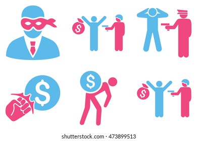 Thief Arrest vector icons. Pictogram style is bicolor pink and blue flat icons with rounded angles on a white background.