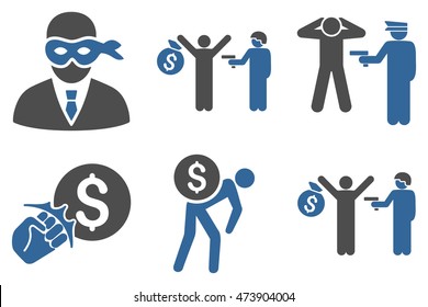 Thief Arrest vector icons. Pictogram style is bicolor cobalt and gray flat icons with rounded angles on a white background.