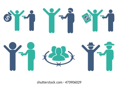Thief Arrest vector icons. Pictogram style is bicolor cobalt and cyan flat icons with rounded angles on a white background.