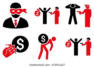 Thief Arrest vector icons. Pictogram style is bicolor intensive red and black flat icons with rounded angles on a white background.