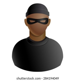 Thief avatar of criminal man in black mask and clothing icon isolated on white background. Vector illustration