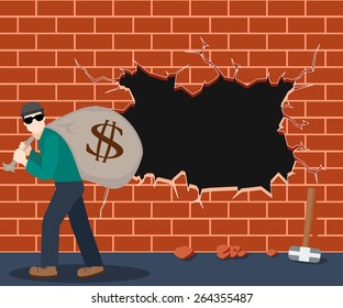 El ladrón con una bolsa llena de dinero salió del agujero en la pared del banco. concepto de banco crack, ilustración vectorial. 