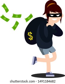 Thief with bag of money. Bank robbery. Funny criminal woman in black mask. Green bills. Problem of urban economic security. Cartoon flat illustration