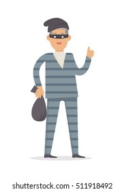 Thief with bag of money in black mask isolated. Thief in robber suit stole money on white background. Criminal with money in flat style design. Robbery concept. Gangster escape from prison