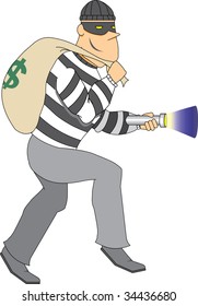 Thief with bag of money and flashlight
