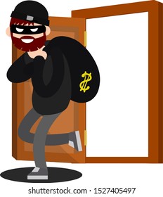 Thief with bag of money. Funny criminal man in black mask. Problem of urban economic security. House and bank robbery. Cartoon flat illustration. Guy in doorway. Brown door.
