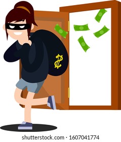 Thief with bag of money. Funny criminal woman in black mask. Green flying cash. House and bank robbery. 