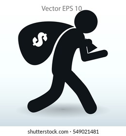 Thief With Bag Of Money Vector Illustration