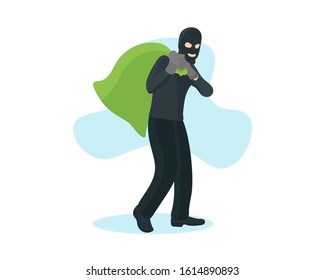 A thief or bank robber with ski mask sneaking while carrying a sack of stolen money and jewelry - flat vector illustration.