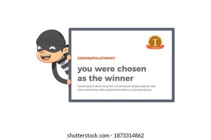 A thief behind a congratulation's message. Vector illustration