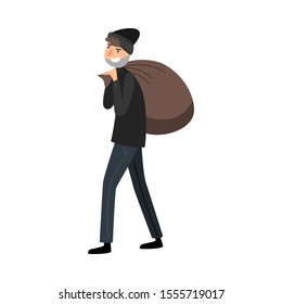 Thief in black clothes with a bag of loot. Vector illustration in flat cartoon style.