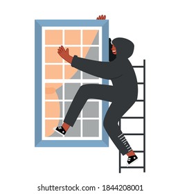 A Thief In A Black Hood Climbs Through The Window. The Offender Wants To Burglary In The Apartment. Home Robbery. Vector Illustration Of Security