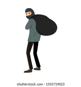 Thief in a black mask with a bag of loot. Vector illustration in flat cartoon style.