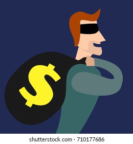 Thief in black mask with bag of money. Vector illustration.