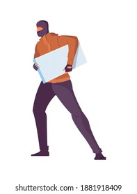 Thief in black mask holding white object flat vector illustration